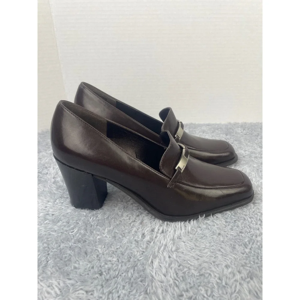 Nine West Ravon Loafers Women 8.5 Brown Leather Block‎ Heel Square Toe Brazil